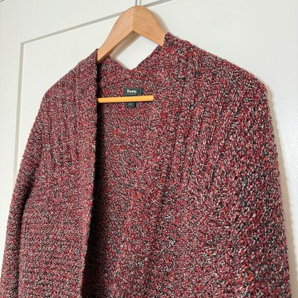 Roots Canada Long Cardigan Women Sz S Burgundy Chunky Knit Open Front Wool Blend - Picture 3 of 12